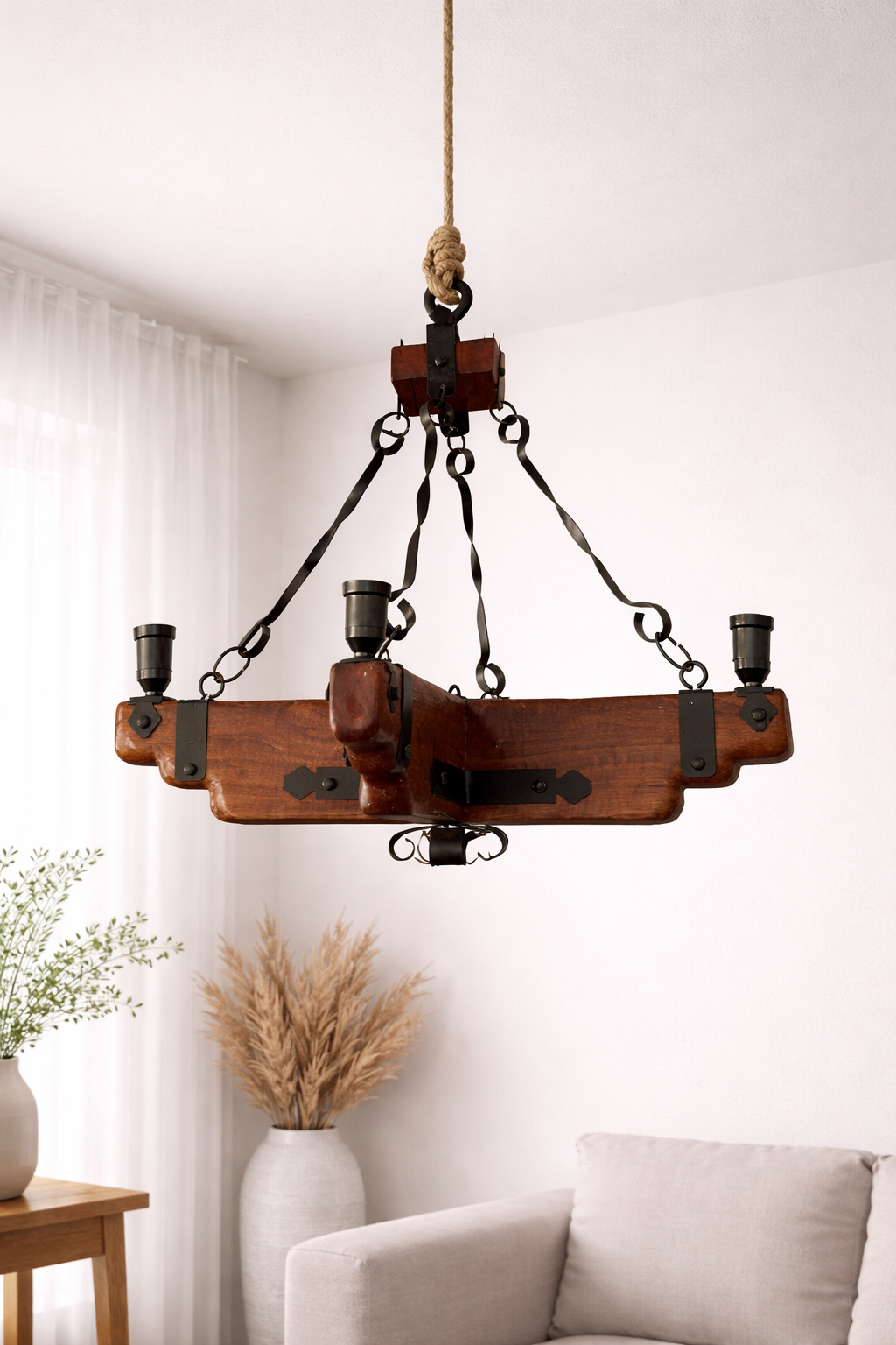 Lámpara rústica raulí reciclado y fierro – 4 ampolletas