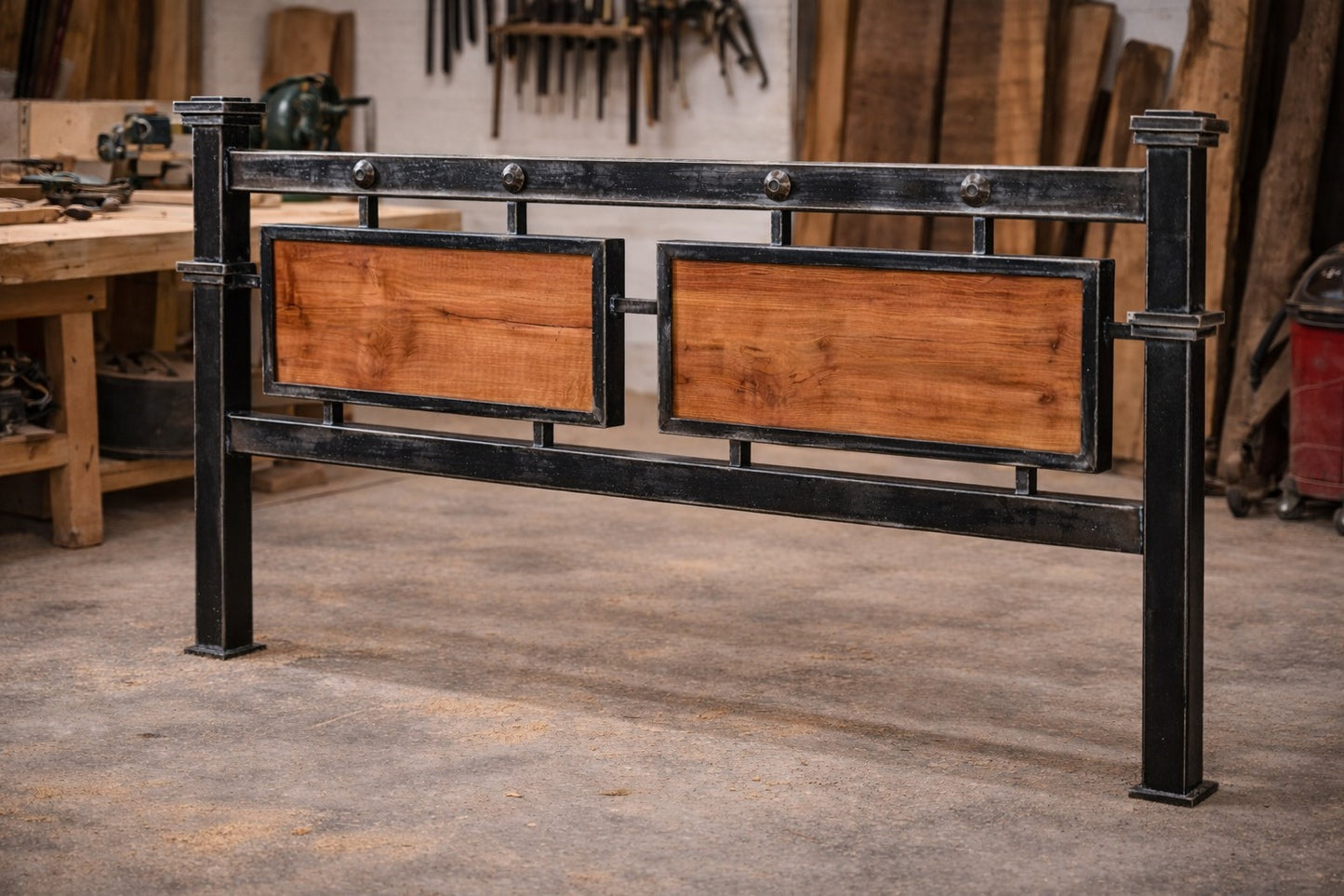 ✨ RESPALDO DE CAMA EN FIERRO Y ROBLE