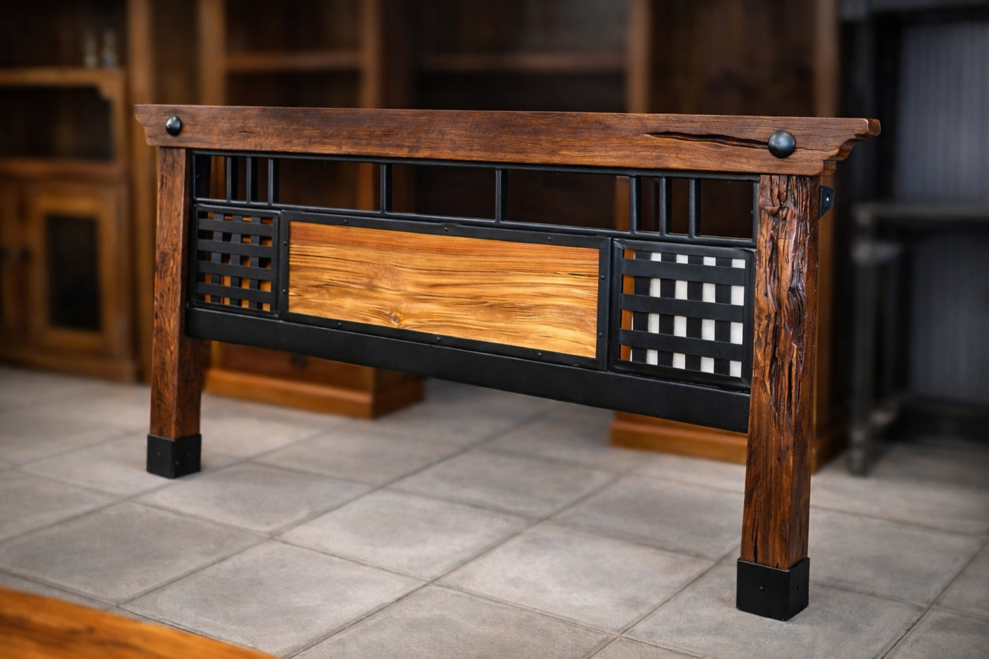 ✨ RESPALDO DE CAMA EN FIERRO Y ROBLE