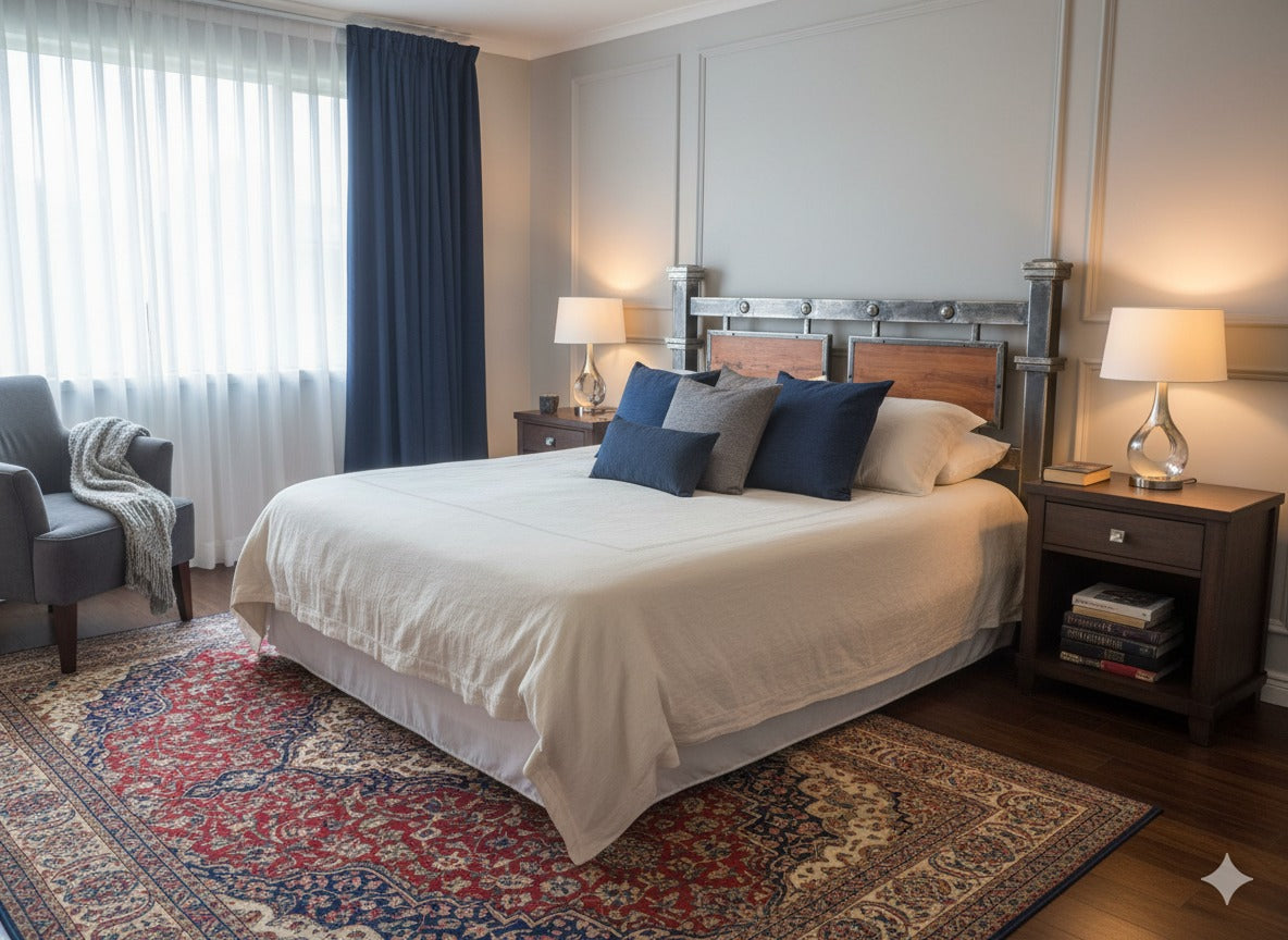 ✨ RESPALDO DE CAMA EN FIERRO Y ROBLE