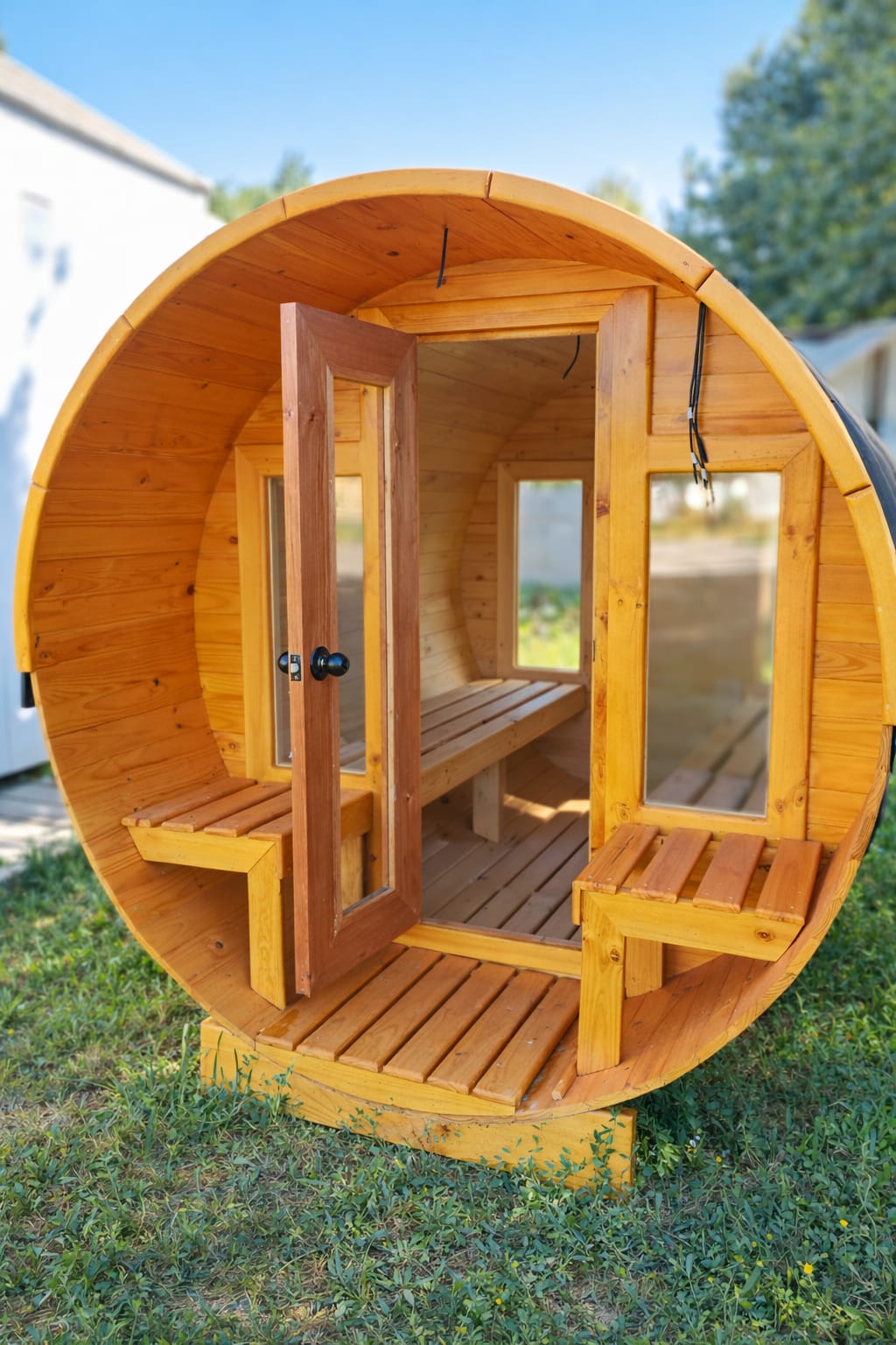 🔥Sauna Barril  Panoramico Con Antesala -Modelo 4 y 6 Personas