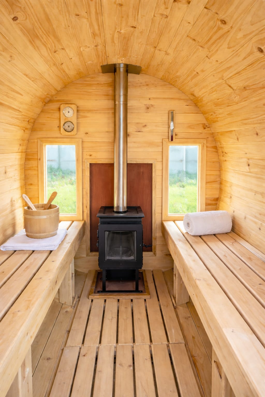 🔥Sauna Barril  Panoramico Con Antesala -Modelo 4 y 6 Personas